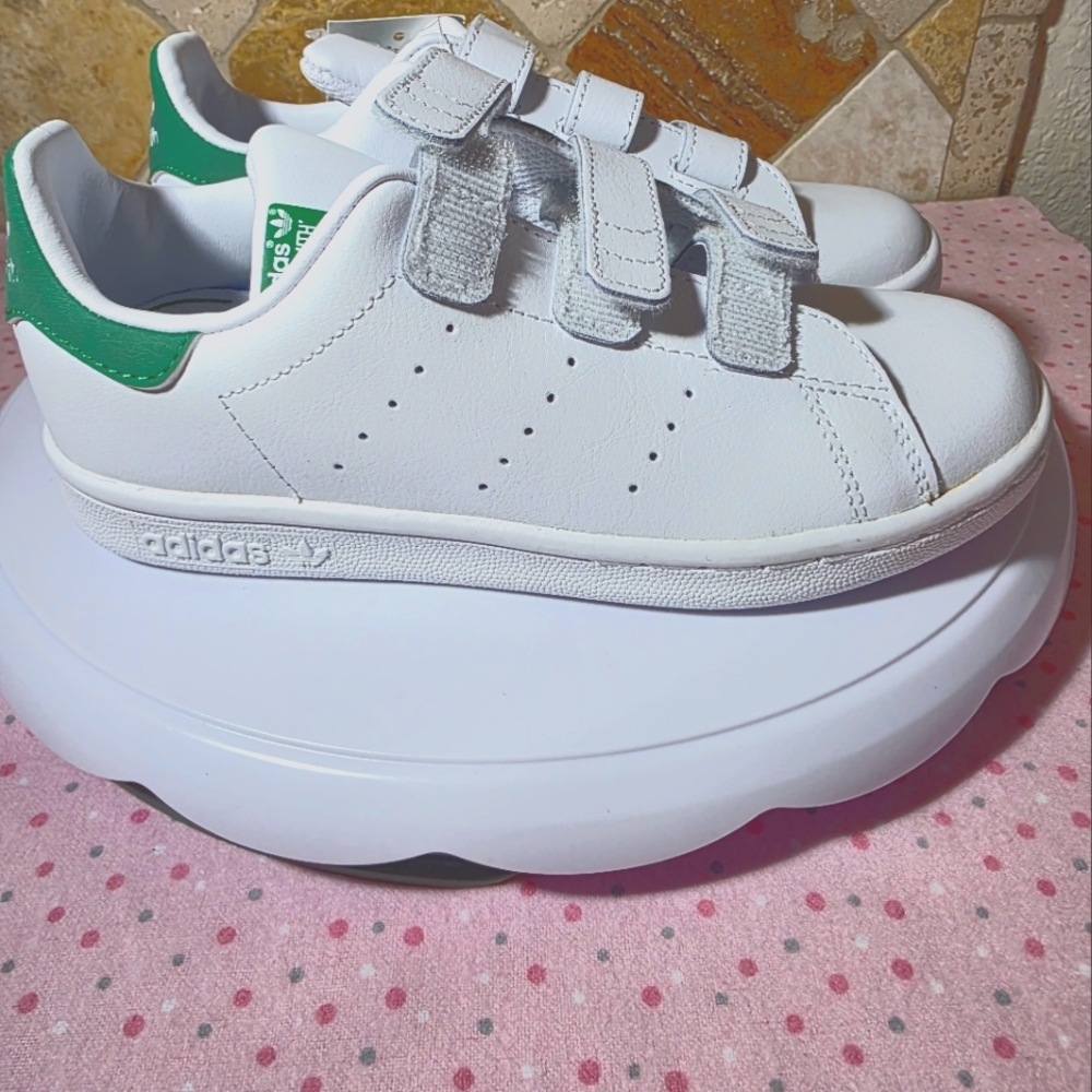 Adidas White and Green Stan Smith Platform Sneakers